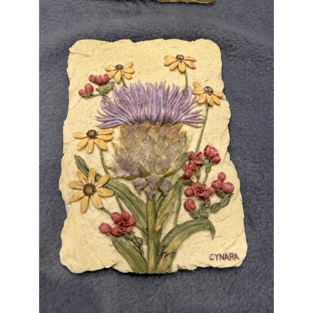 Set 4 Vintage Cherri Blum Wall Plaques Art 3D Floral Tiles Cynara Protea Ginger - Picture 5 of 13